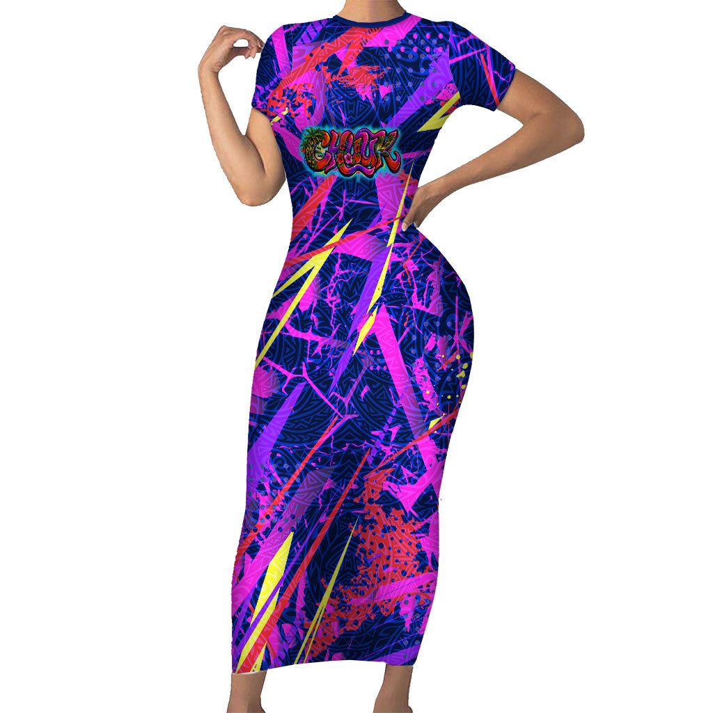 Chuuk Tropical Sunset Coordinates Short Sleeve Bodycon Dress Neon Graffiti Polynesian Tribal TS04 Long Dress Purple Pink - Polynesian Pride