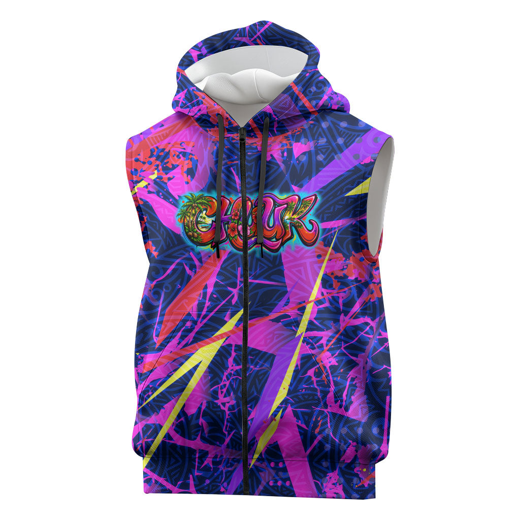 Chuuk Tropical Sunset Coordinates Sleeveless Zip Hoodie Neon Graffiti Polynesian Tribal TS04 Purple Pink - Polynesian Pride
