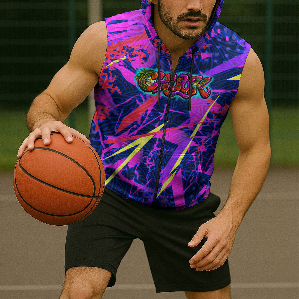 Chuuk Tropical Sunset Coordinates Sleeveless Zip Hoodie Neon Graffiti Polynesian Tribal TS04 - Polynesian Pride