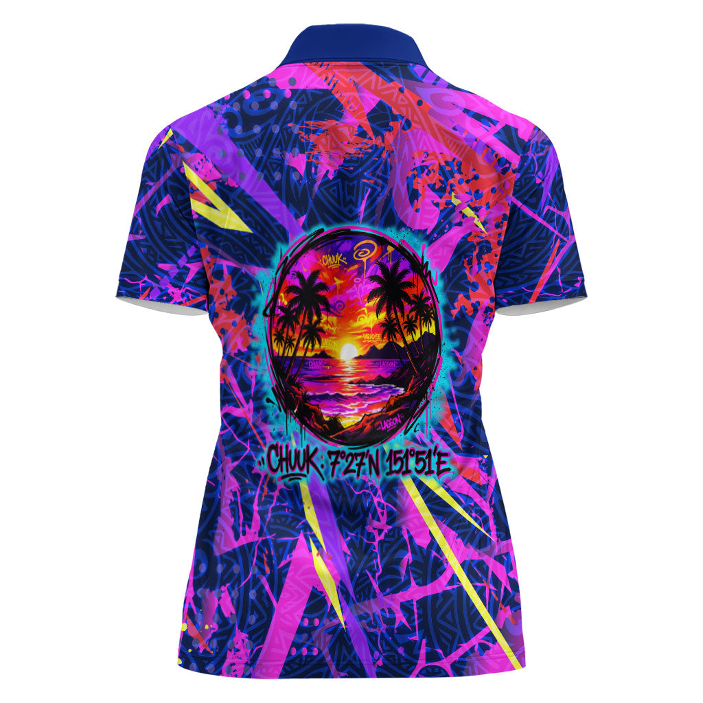 Chuuk Tropical Sunset Coordinates Women Polo Shirt Neon Graffiti Polynesian Tribal TS04 - Polynesian Pride