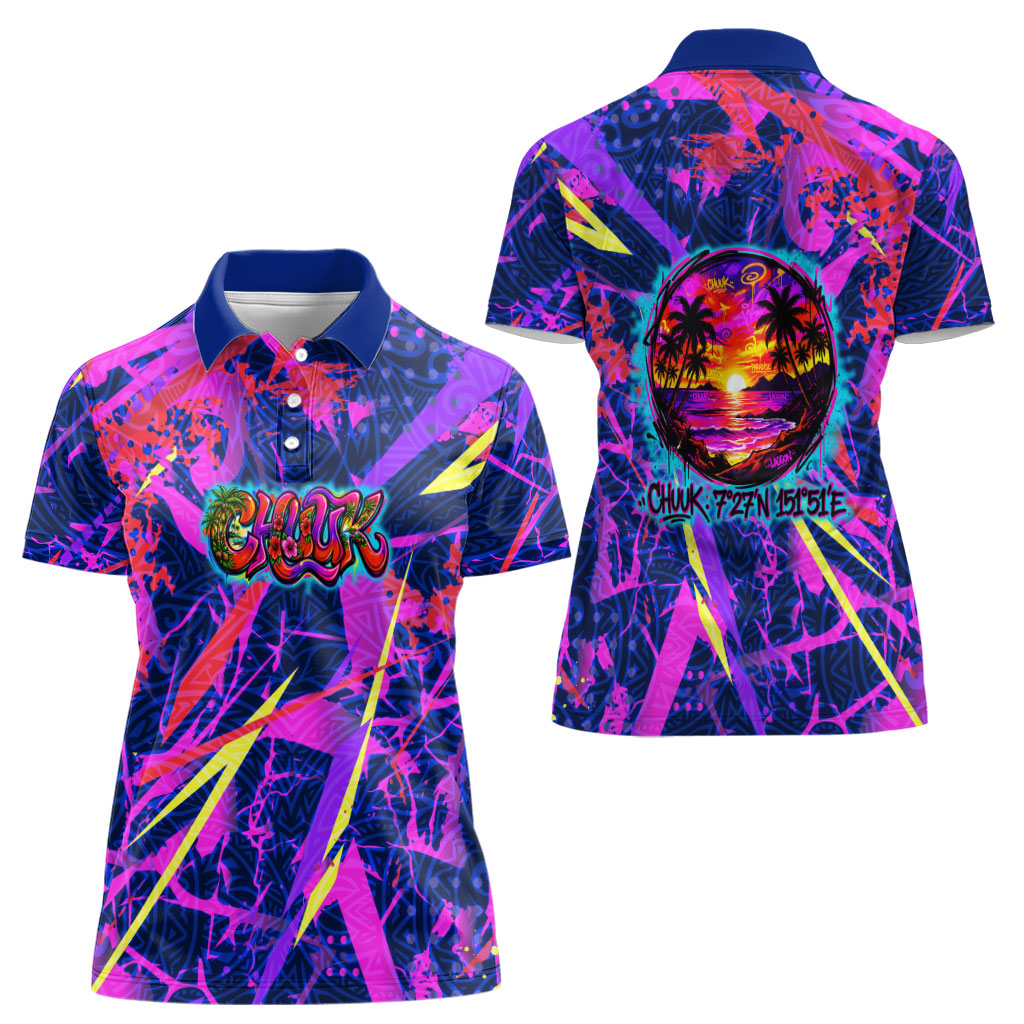Chuuk Tropical Sunset Coordinates Women Polo Shirt Neon Graffiti Polynesian Tribal TS04 - Polynesian Pride