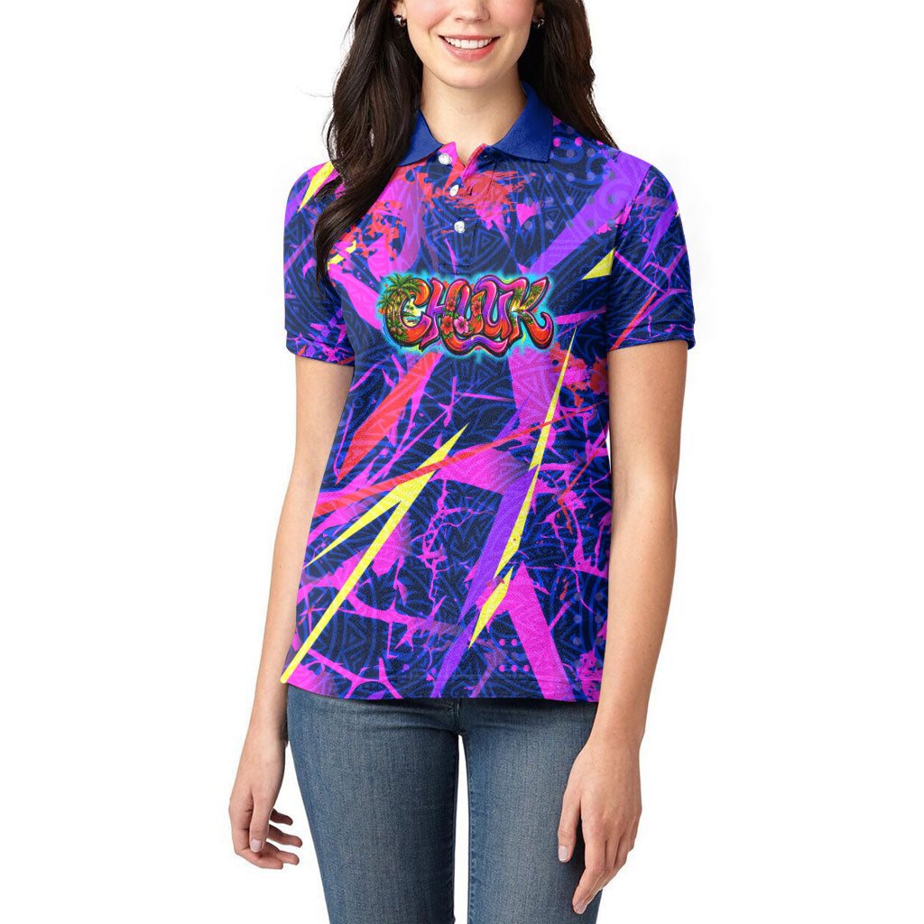Chuuk Tropical Sunset Coordinates Women Polo Shirt Neon Graffiti Polynesian Tribal TS04 - Polynesian Pride