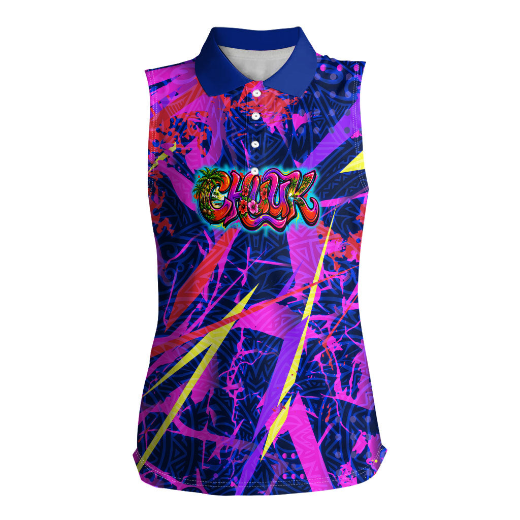 Chuuk Tropical Sunset Coordinates Women Sleeveless Polo Shirt Neon Graffiti Polynesian Tribal TS04 Female Purple Pink - Polynesian Pride