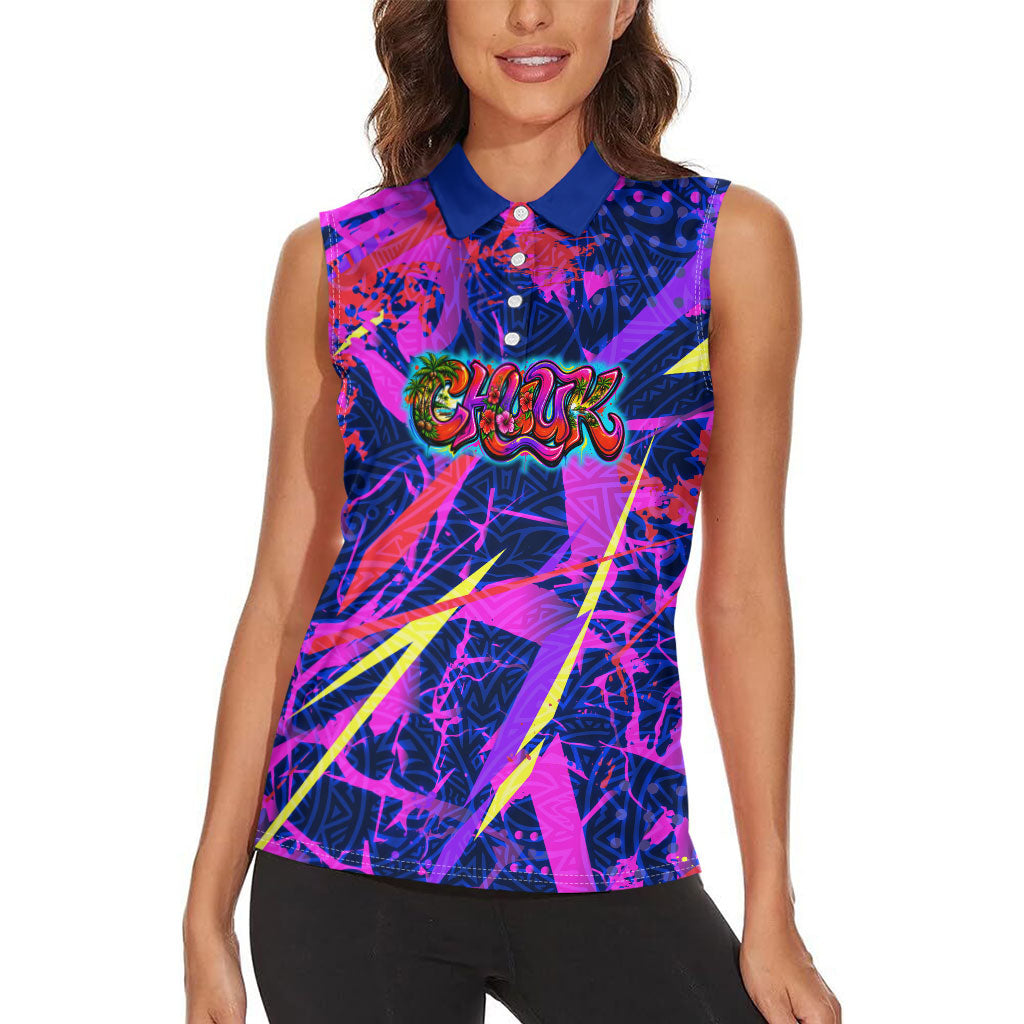 Chuuk Tropical Sunset Coordinates Women Sleeveless Polo Shirt Neon Graffiti Polynesian Tribal TS04 - Polynesian Pride