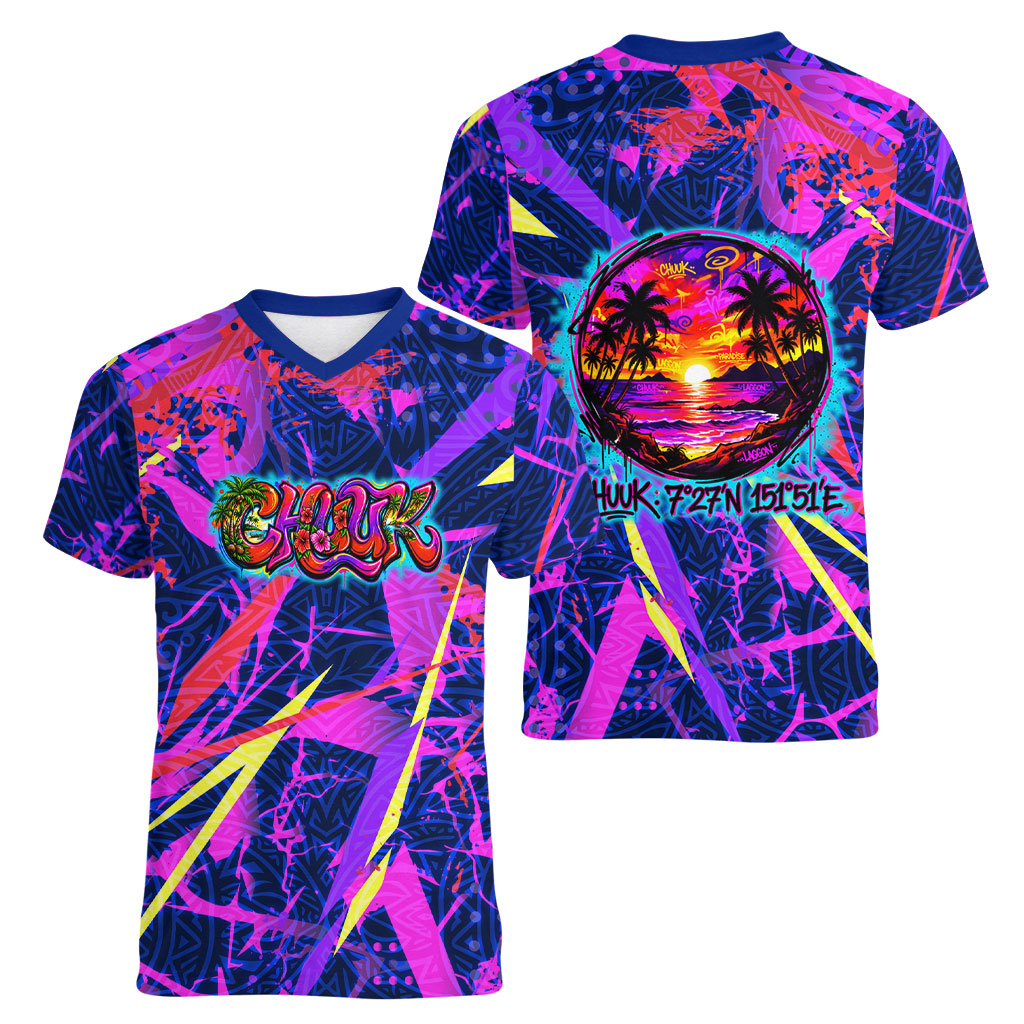Chuuk Tropical Sunset Coordinates Women V-Neck T-Shirt Neon Graffiti Polynesian Tribal TS04 - Polynesian Pride