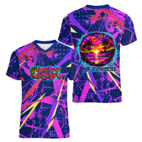 Chuuk Tropical Sunset Coordinates Women V-Neck T-Shirt Neon Graffiti Polynesian Tribal TS04 - Polynesian Pride