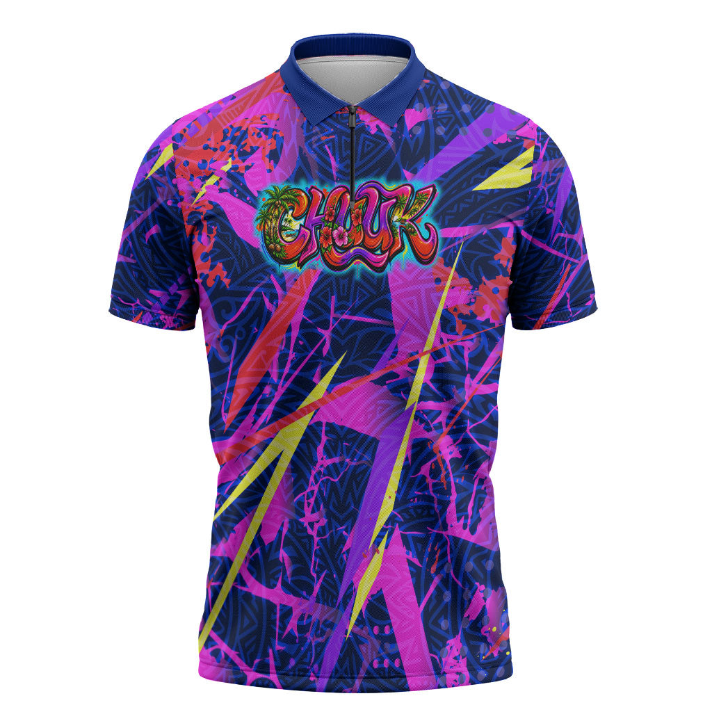 Chuuk Tropical Sunset Coordinates Zipper Polo Shirt Neon Graffiti Polynesian Tribal TS04 Purple Pink - Polynesian Pride