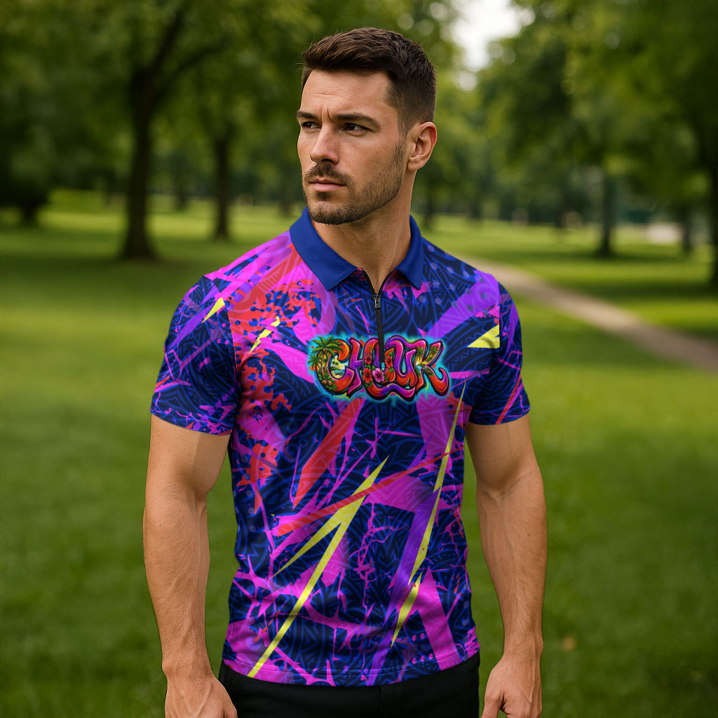 Chuuk Tropical Sunset Coordinates Zipper Polo Shirt Neon Graffiti Polynesian Tribal TS04 - Polynesian Pride