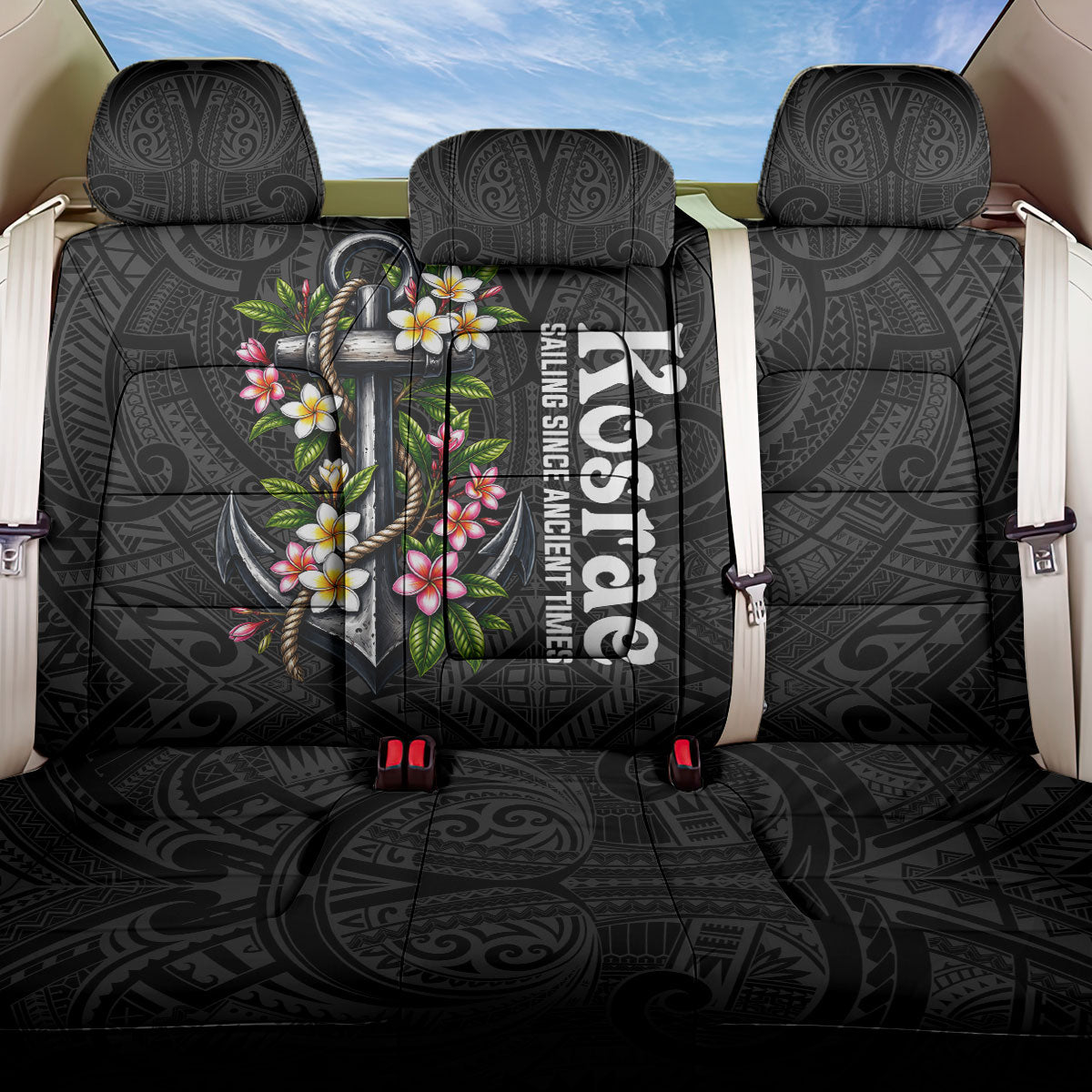 Kosrae Nautical Heritage Back Car Seat Cover Polynesian Tribal Anchor With Plumeria Tropical Art TS04 One Size Black Grey - Polynesian Pride