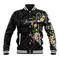 Kosrae Nautical Heritage Baseball Jacket Polynesian Tribal Anchor With Plumeria Tropical Art TS04 Unisex Black Grey - Polynesian Pride
