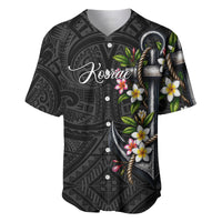 Kosrae Nautical Heritage Baseball Jersey Polynesian Tribal Anchor With Plumeria Tropical Art TS04 Black Grey - Polynesian Pride