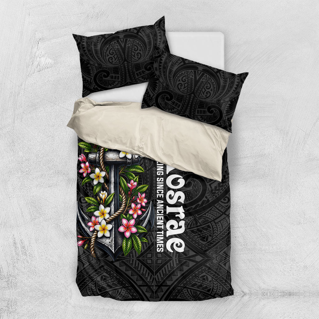 Kosrae Nautical Heritage Bedding Set Polynesian Tribal Anchor With Plumeria Tropical Art TS04 US Twin 172cm x 218cm Black Grey - Polynesian Pride