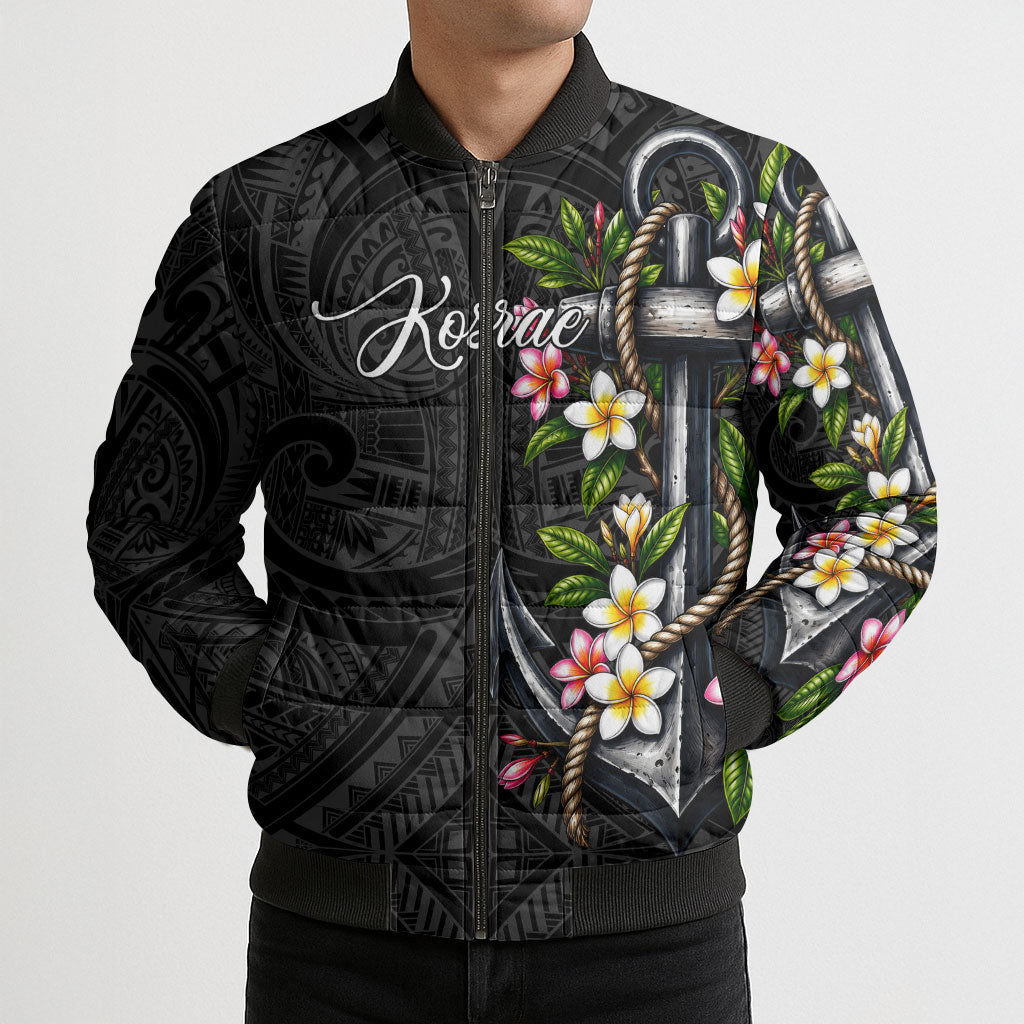 Kosrae Nautical Heritage Bomber Puffer Jacket Polynesian Tribal Anchor With Plumeria Tropical Art TS04 - Polynesian Pride