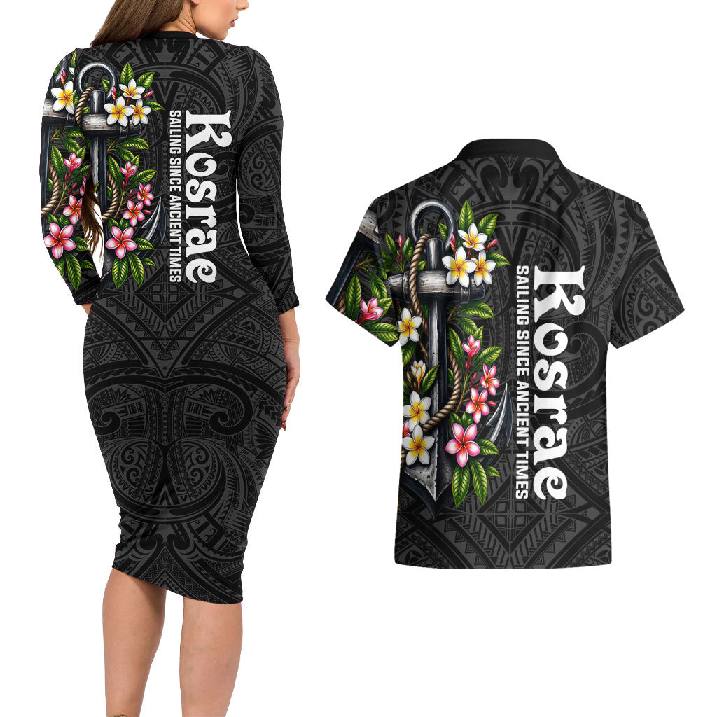 Kosrae Nautical Heritage Couples Matching Long Sleeve Bodycon Dress and Hawaiian Shirt Polynesian Tribal Anchor With Plumeria Tropical Art TS04 - Polynesian Pride