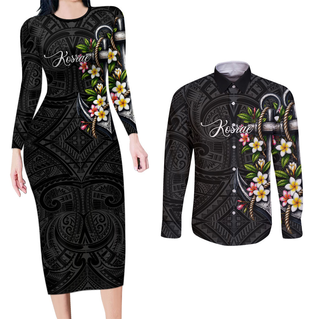 Kosrae Nautical Heritage Couples Matching Long Sleeve Bodycon Dress and Long Sleeve Button Shirt Polynesian Tribal Anchor With Plumeria Tropical Art TS04 Black Grey - Polynesian Pride