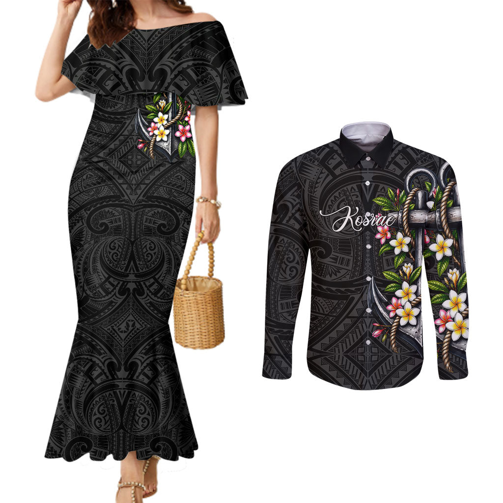 Kosrae Nautical Heritage Couples Matching Mermaid Dress and Long Sleeve Button Shirt Polynesian Tribal Anchor With Plumeria Tropical Art TS04 Black Grey - Polynesian Pride
