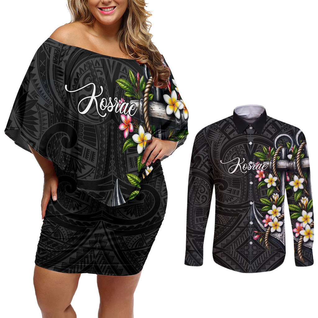 Kosrae Nautical Heritage Couples Matching Off Shoulder Short Dress and Long Sleeve Button Shirt Polynesian Tribal Anchor With Plumeria Tropical Art TS04 Black Grey - Polynesian Pride