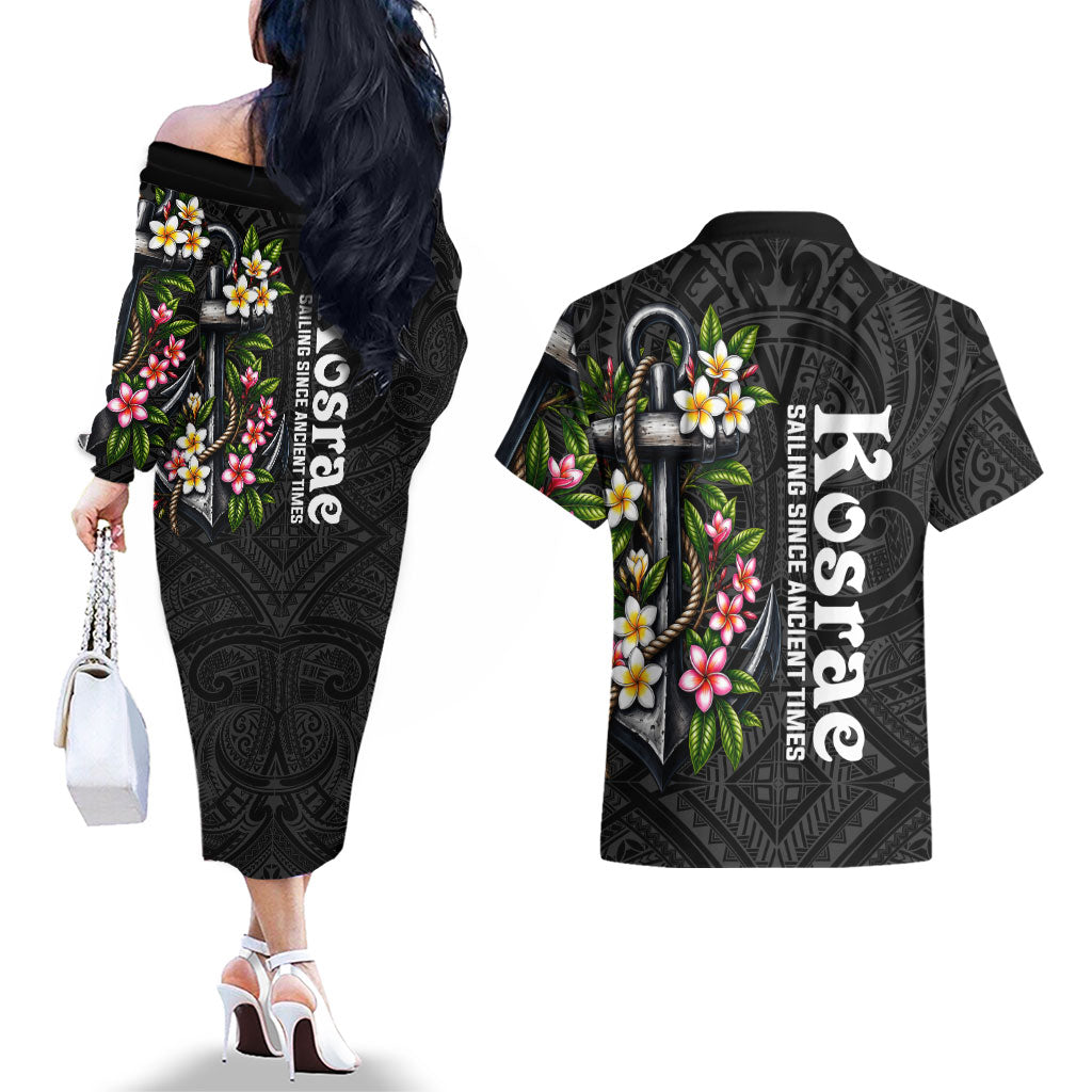 Kosrae Nautical Heritage Couples Matching Off The Shoulder Long Sleeve Dress and Hawaiian Shirt Polynesian Tribal Anchor With Plumeria Tropical Art TS04 - Polynesian Pride
