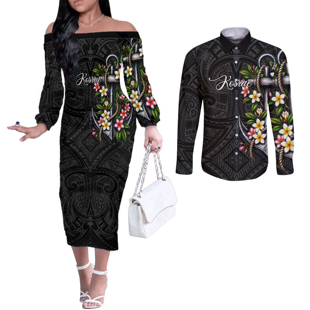 Kosrae Nautical Heritage Couples Matching Off The Shoulder Long Sleeve Dress and Long Sleeve Button Shirt Polynesian Tribal Anchor With Plumeria Tropical Art TS04 Black Grey - Polynesian Pride