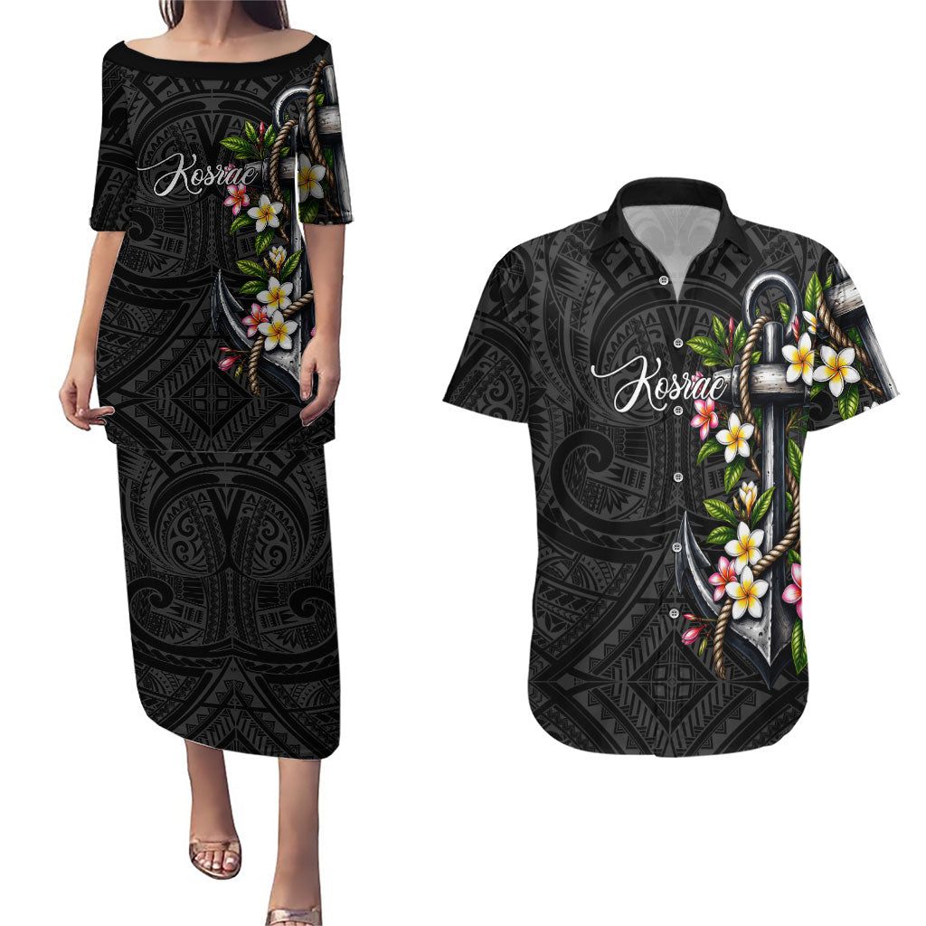 Kosrae Nautical Heritage Couples Matching Puletasi and Hawaiian Shirt Polynesian Tribal Anchor With Plumeria Tropical Art