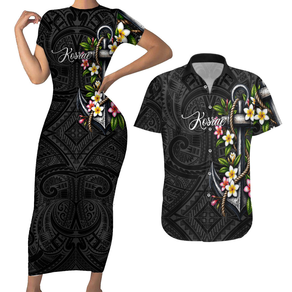 Kosrae Nautical Heritage Couples Matching Short Sleeve Bodycon Dress and Hawaiian Shirt Polynesian Tribal Anchor With Plumeria Tropical Art TS04 Black Grey - Polynesian Pride