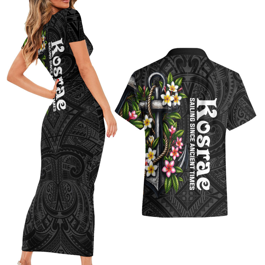 Kosrae Nautical Heritage Couples Matching Short Sleeve Bodycon Dress and Hawaiian Shirt Polynesian Tribal Anchor With Plumeria Tropical Art TS04 - Polynesian Pride