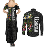 Kosrae Nautical Heritage Couples Matching Summer Maxi Dress and Long Sleeve Button Shirt Polynesian Tribal Anchor With Plumeria Tropical Art