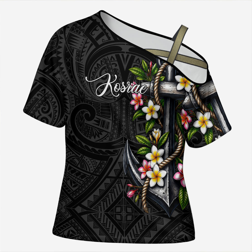 Kosrae Nautical Heritage Cross Shoulder Shirt Polynesian Tribal Anchor With Plumeria Tropical Art TS04 Female Black Grey - Polynesian Pride