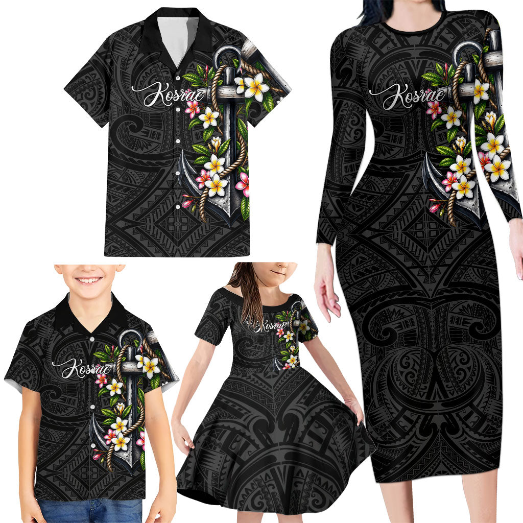 Kosrae Nautical Heritage Family Matching Long Sleeve Bodycon Dress and Hawaiian Shirt Polynesian Tribal Anchor With Plumeria Tropical Art