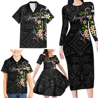 Kosrae Nautical Heritage Family Matching Long Sleeve Bodycon Dress and Hawaiian Shirt Polynesian Tribal Anchor With Plumeria Tropical Art