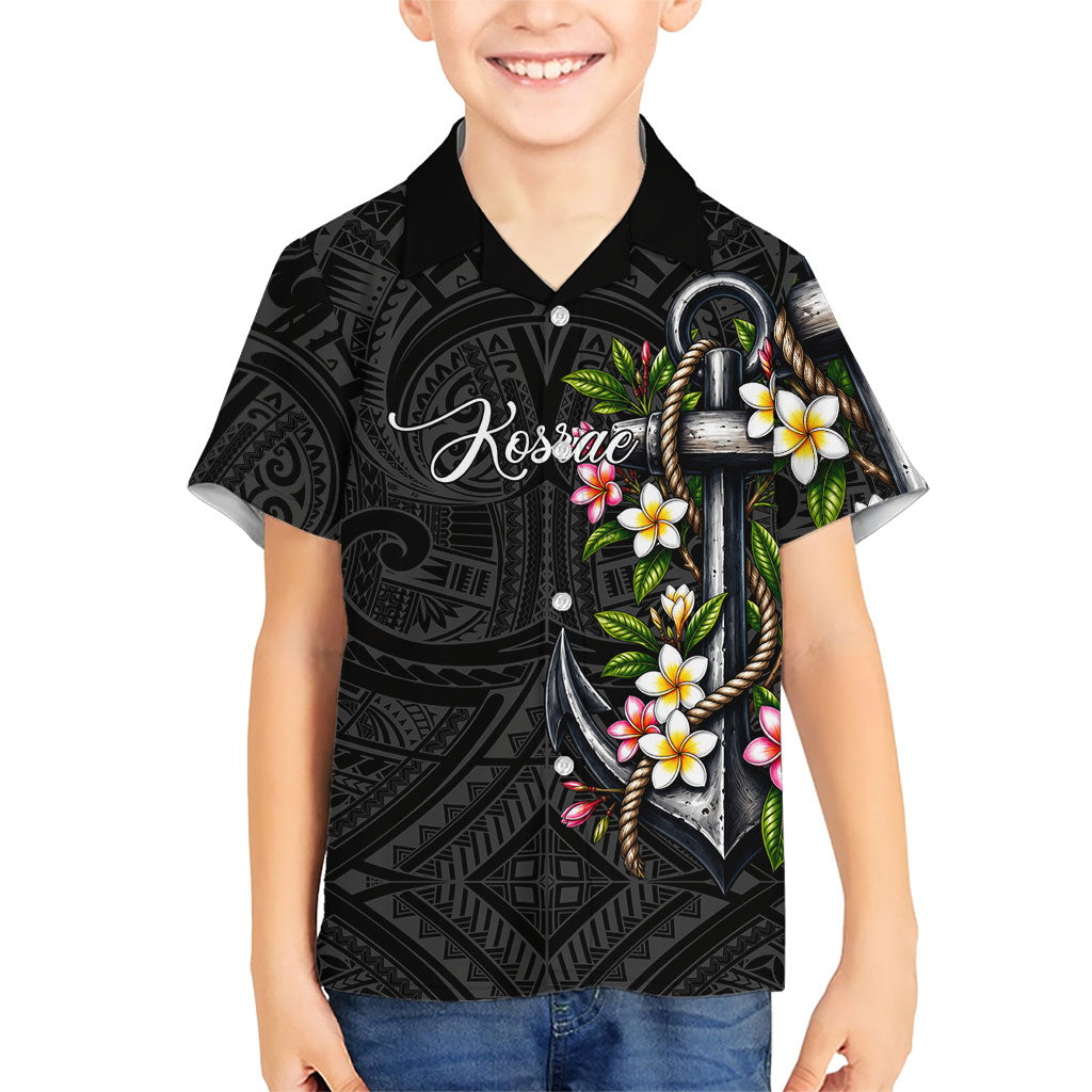 Kosrae Nautical Heritage Family Matching Puletasi and Hawaiian Shirt Polynesian Tribal Anchor With Plumeria Tropical Art TS04 Son's Shirt Black Grey - Polynesian Pride