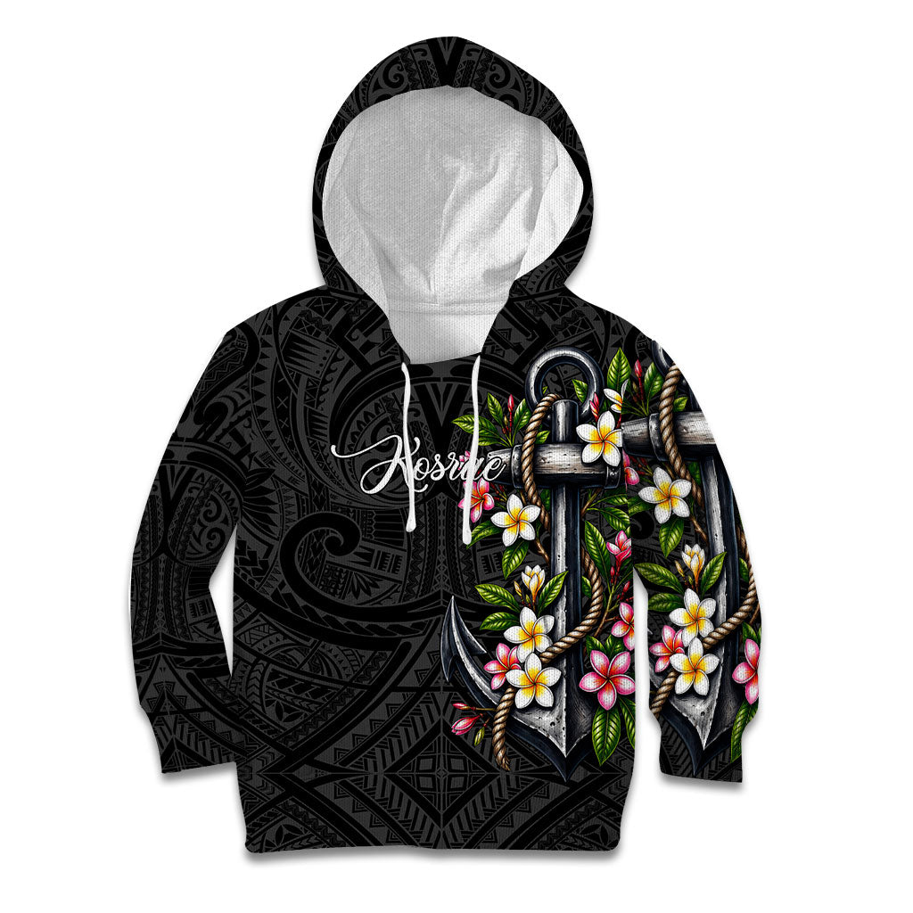Kosrae Nautical Heritage Kid Hoodie Polynesian Tribal Anchor With Plumeria Tropical Art TS04 Hoodie Black Grey - Polynesian Pride