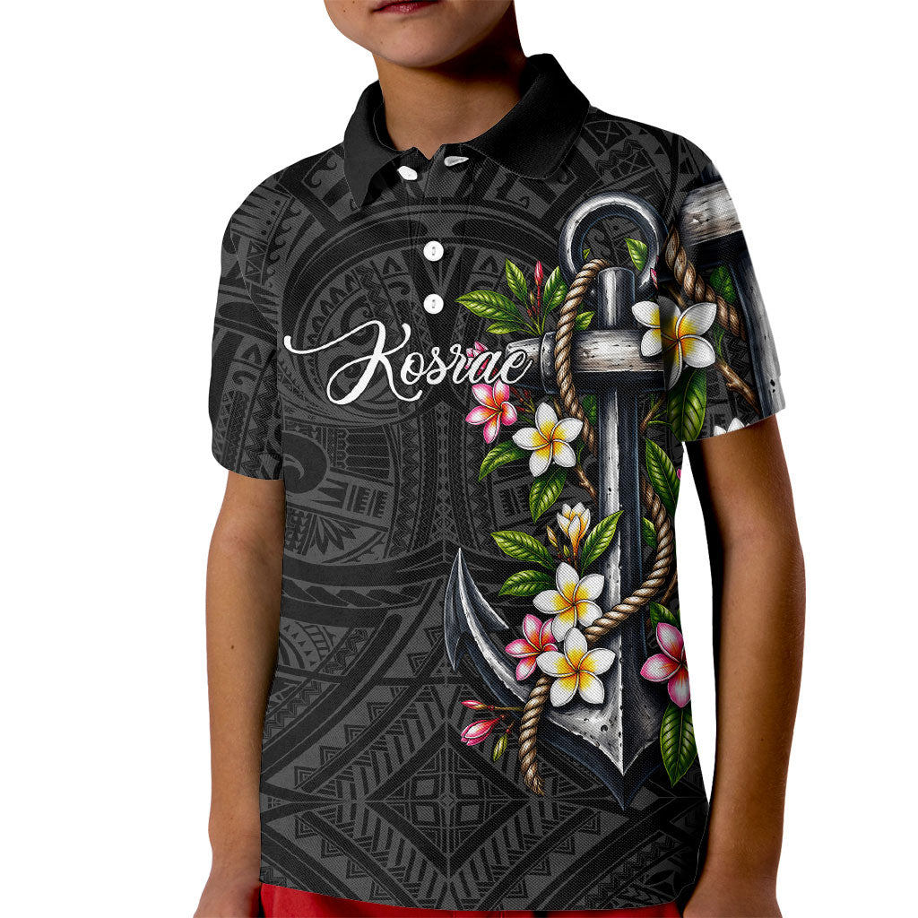 Kosrae Nautical Heritage Kid Polo Shirt Polynesian Tribal Anchor With Plumeria Tropical Art TS04 Kid Black Grey - Polynesian Pride