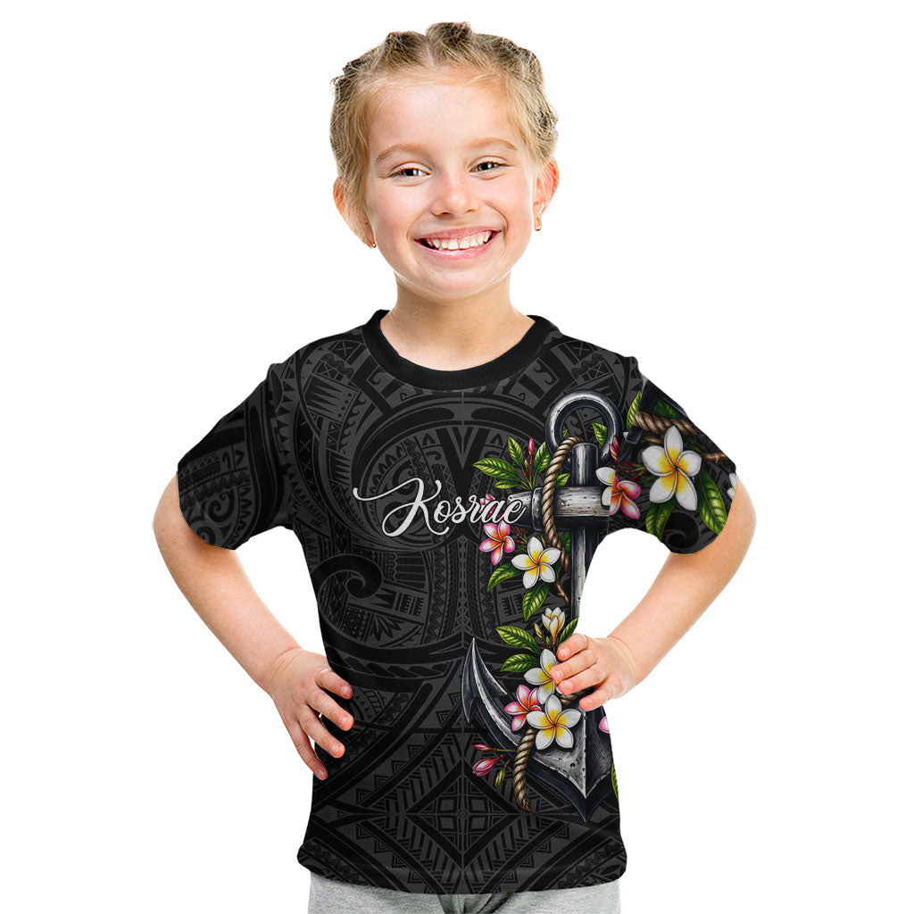 Kosrae Nautical Heritage Kid T Shirt Polynesian Tribal Anchor With Plumeria Tropical Art TS04 Black Grey - Polynesian Pride