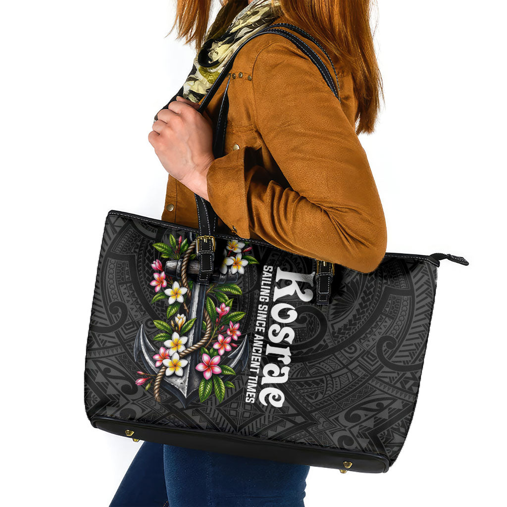 Kosrae Nautical Heritage Leather Tote Bag Polynesian Tribal Anchor With Plumeria Tropical Art TS04 Black Grey - Polynesian Pride