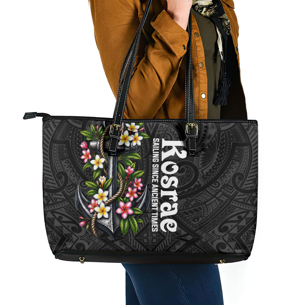 Kosrae Nautical Heritage Leather Tote Bag Polynesian Tribal Anchor With Plumeria Tropical Art TS04 - Polynesian Pride