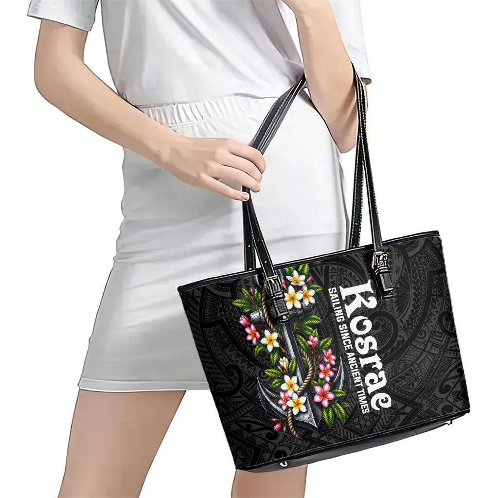 Kosrae Nautical Heritage Leather Tote Bag Polynesian Tribal Anchor With Plumeria Tropical Art TS04 - Polynesian Pride