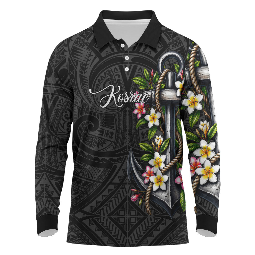 Kosrae Nautical Heritage Long Sleeve Polo Shirt Polynesian Tribal Anchor With Plumeria Tropical Art TS04 Black Grey - Polynesian Pride
