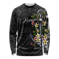 Kosrae Nautical Heritage Long Sleeve Shirt Polynesian Tribal Anchor With Plumeria Tropical Art TS04 Unisex Black Grey - Polynesian Pride