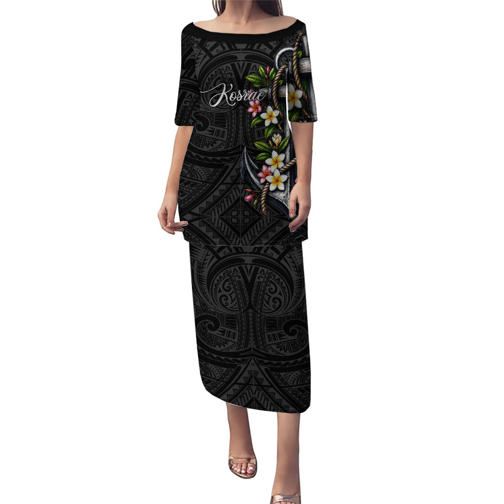 Kosrae Nautical Heritage Puletasi Polynesian Tribal Anchor With Plumeria Tropical Art TS04 Long Dress Black Grey - Polynesian Pride