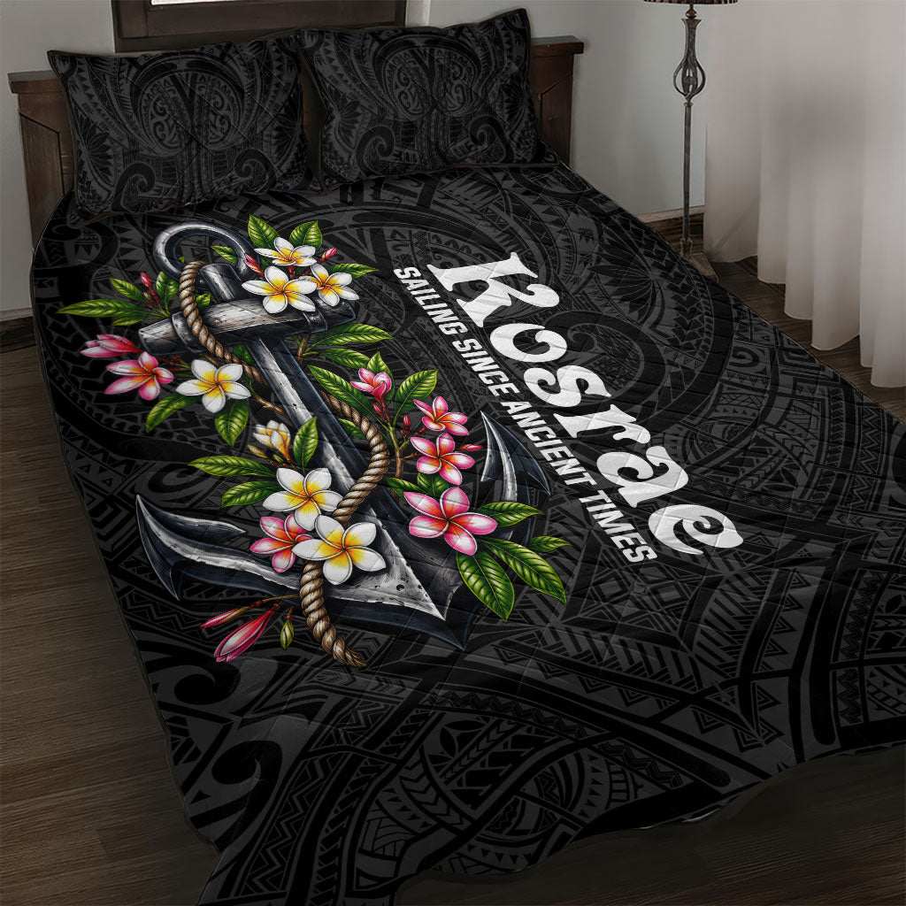 Kosrae Nautical Heritage Quilt Bed Set Polynesian Tribal Anchor With Plumeria Tropical Art TS04 Black Grey - Polynesian Pride