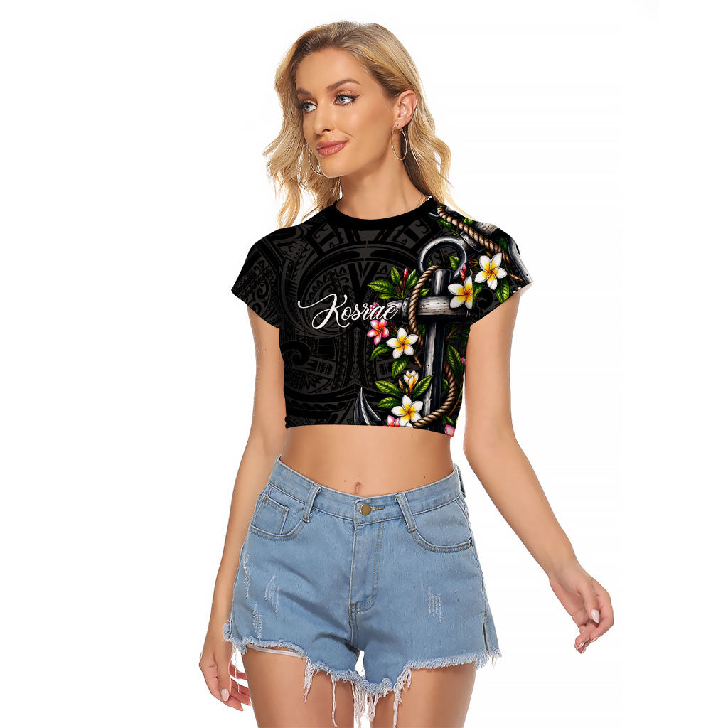 Kosrae Nautical Heritage Raglan Cropped T Shirt Polynesian Tribal Anchor With Plumeria Tropical Art TS04 Female Black Grey - Polynesian Pride