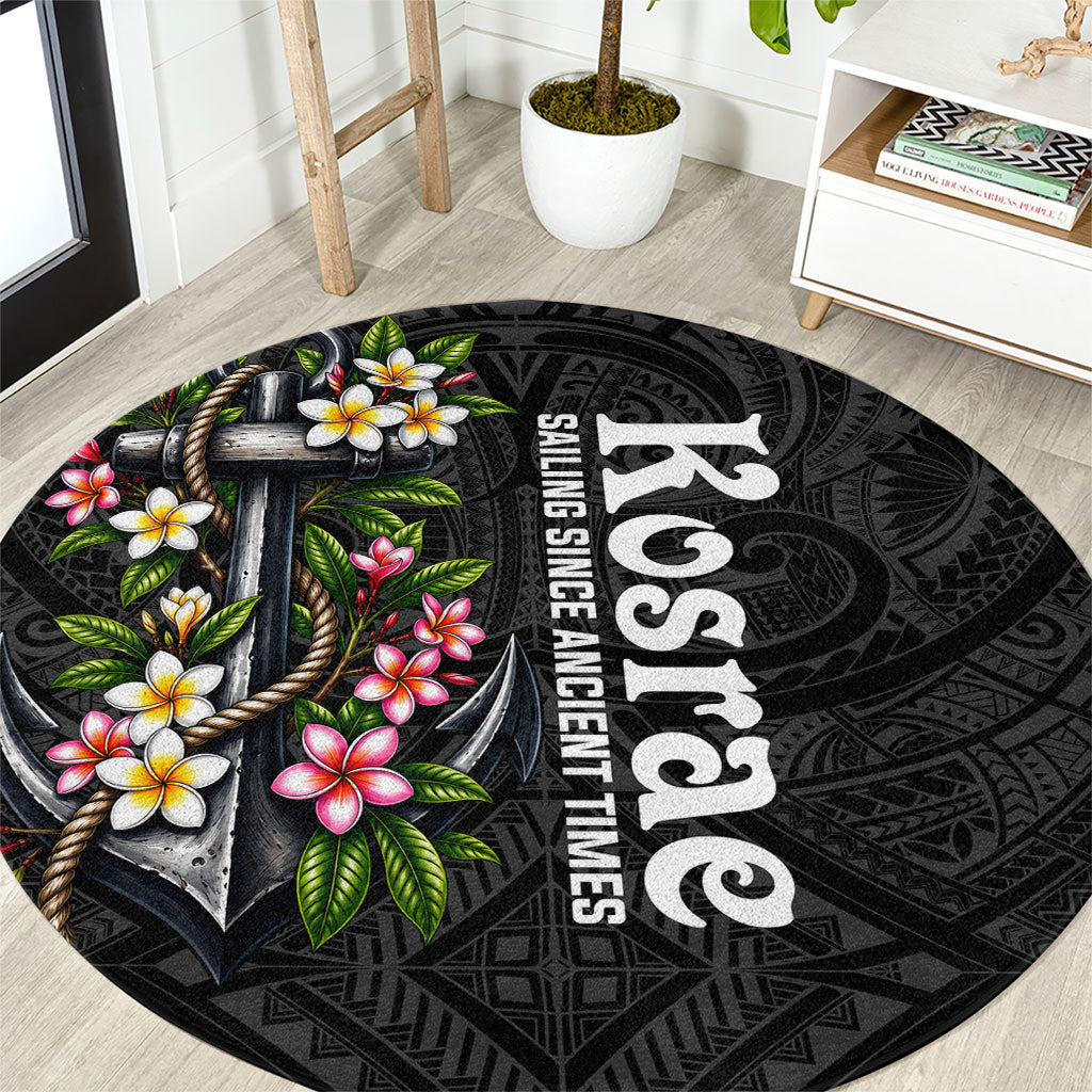 Kosrae Nautical Heritage Round Carpet Polynesian Tribal Anchor With Plumeria Tropical Art TS04 Black Grey - Polynesian Pride