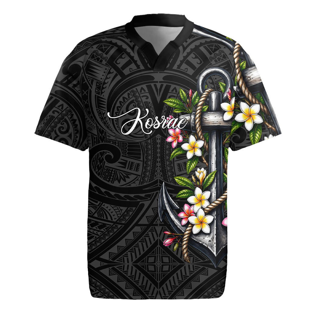 Kosrae Nautical Heritage Rugby Jersey Polynesian Tribal Anchor With Plumeria Tropical Art TS04 Black Grey - Polynesian Pride