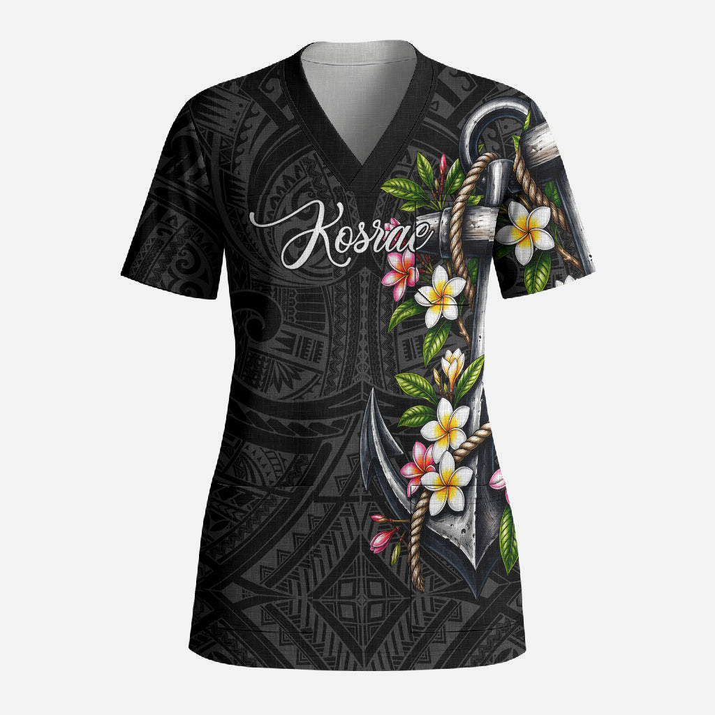 Kosrae Nautical Heritage Scrub Top Polynesian Tribal Anchor With Plumeria Tropical Art TS04 Adult Black Grey - Polynesian Pride
