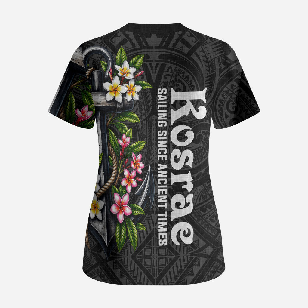 Kosrae Nautical Heritage Scrub Top Polynesian Tribal Anchor With Plumeria Tropical Art TS04 - Polynesian Pride