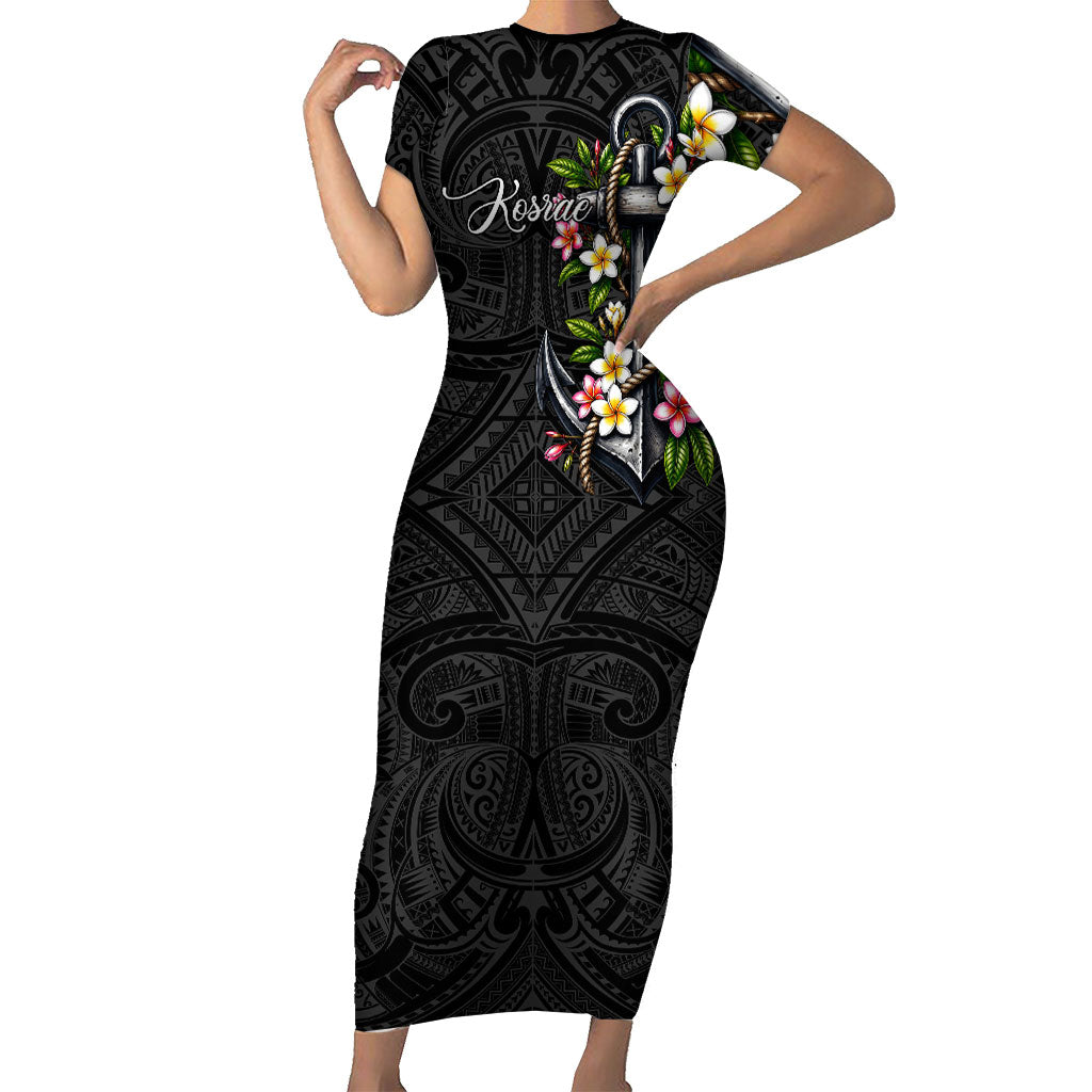 Kosrae Nautical Heritage Short Sleeve Bodycon Dress Polynesian Tribal Anchor With Plumeria Tropical Art TS04 Long Dress Black Grey - Polynesian Pride