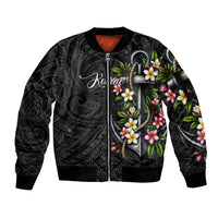 Kosrae Nautical Heritage Sleeve Zip Bomber Jacket Polynesian Tribal Anchor With Plumeria Tropical Art TS04 Unisex Black Grey - Polynesian Pride