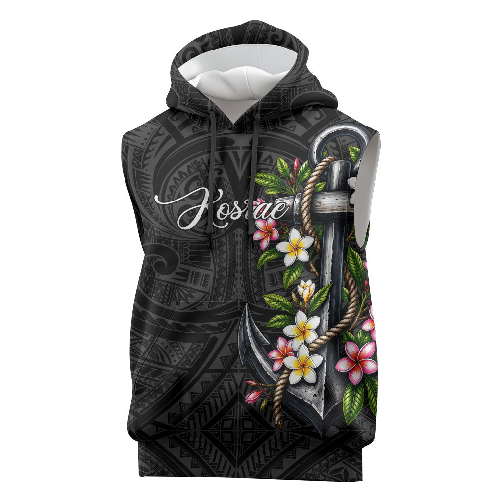 Kosrae Nautical Heritage Sleeveless Hoodie Polynesian Tribal Anchor With Plumeria Tropical Art TS04 Black Grey - Polynesian Pride