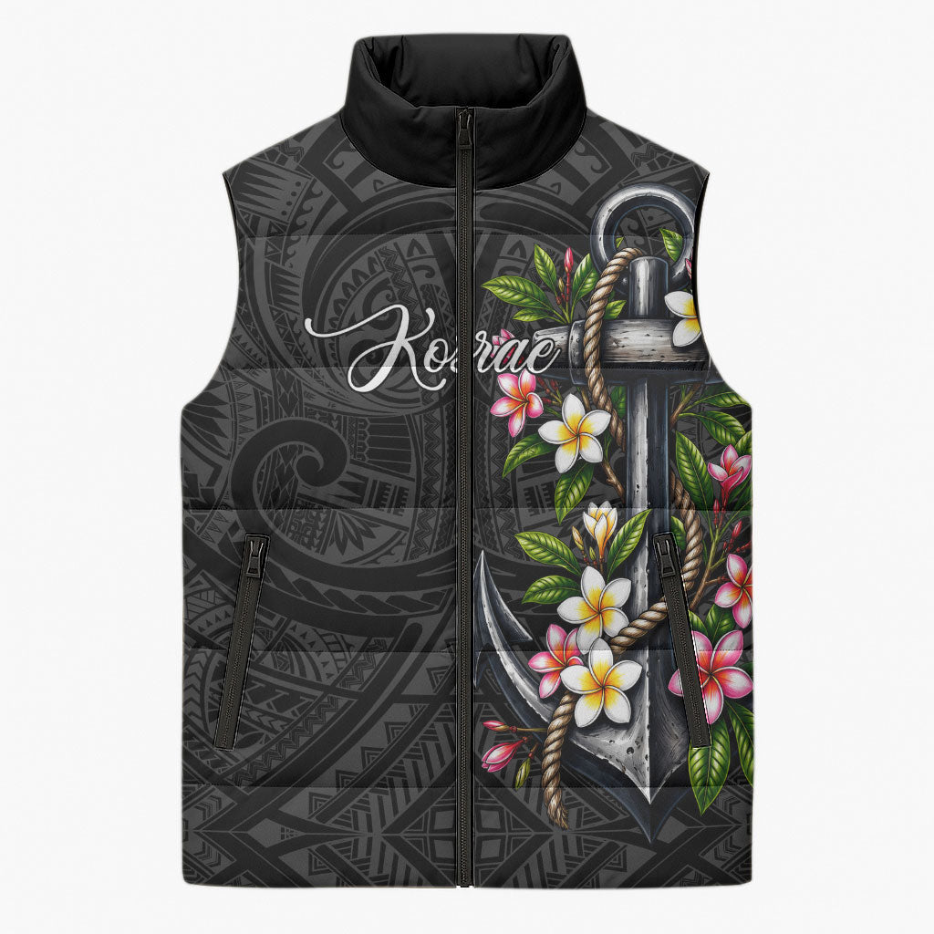 Kosrae Nautical Heritage Sleeveless Puffer Jacket Polynesian Tribal Anchor With Plumeria Tropical Art TS04 Unisex Black Grey - Polynesian Pride